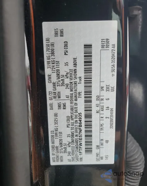 2022 Ford F150 Supercrew из США, поврежденный, VIN 1FTFW1E57NFB64935